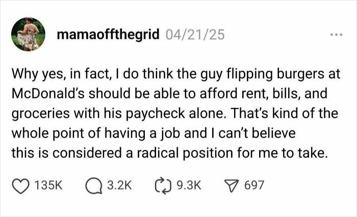 Social media post highlighting a powerful meme about fair wages for fast food workers, shared in a popular Facebook group.