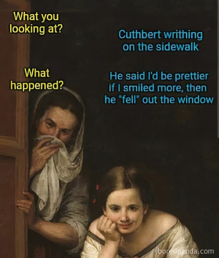 Hilarious classical art meme showing two women with text about a man "falling" out the window in a museum-worthy style.