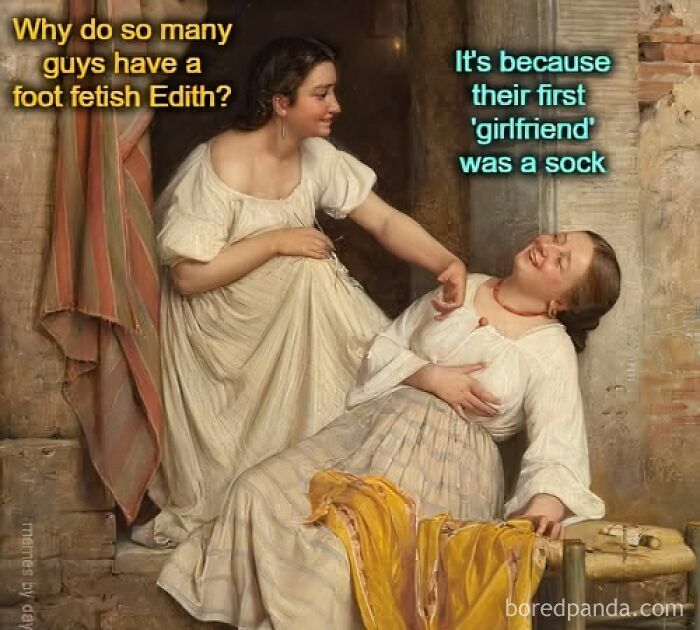 Two women in classical art style share a funny moment with foot f****h meme text, blending humor with historical art.