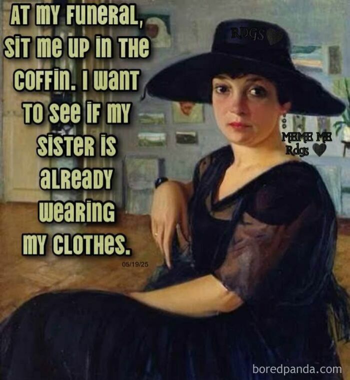 Woman in black hat and dress in a classical art meme humorously referencing funeral and family clothes scene.