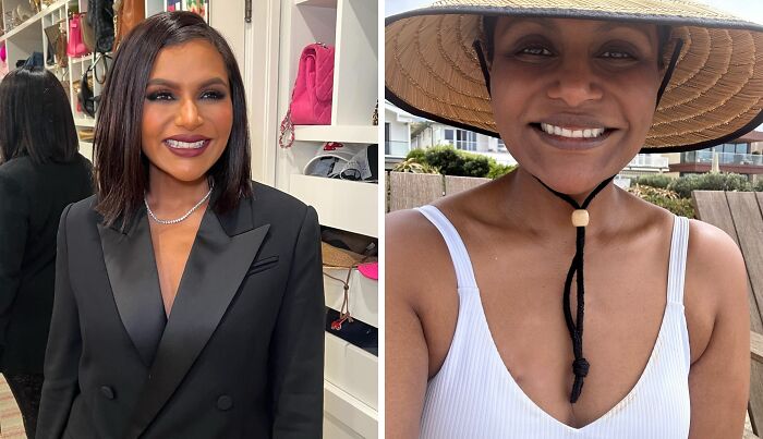 Celebrity shown in side-by-side images wearing makeup and makeup-less, revealing natural look behind the scenes.