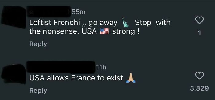 Screenshot of social media comments showing nationalistic and controversial statements involving USA and France.