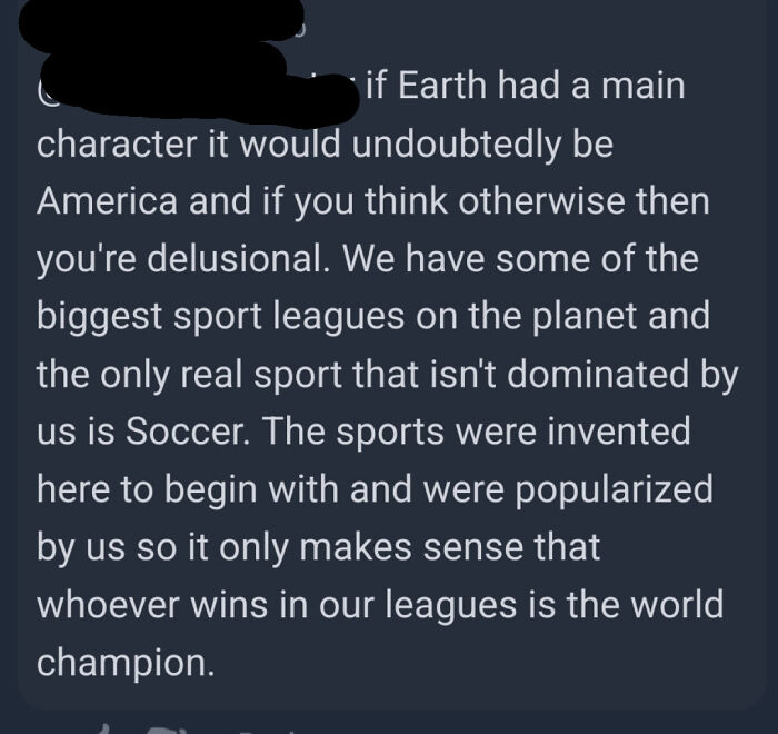 Text message discussing America's dominance in major sports leagues and influence on global sports culture.