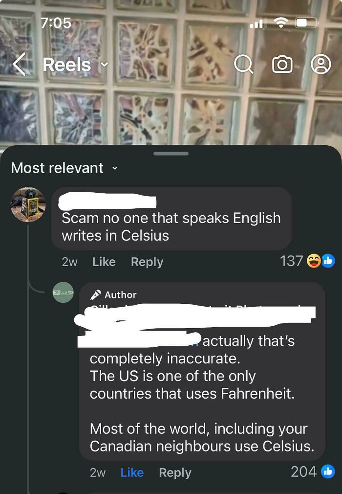 Screenshot of a social media comment debate about English speakers using Celsius versus Fahrenheit temperature scales.