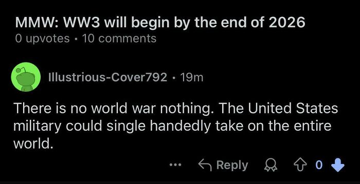 Screenshot of a social media comment claiming the United States military could single-handedly win a world war.