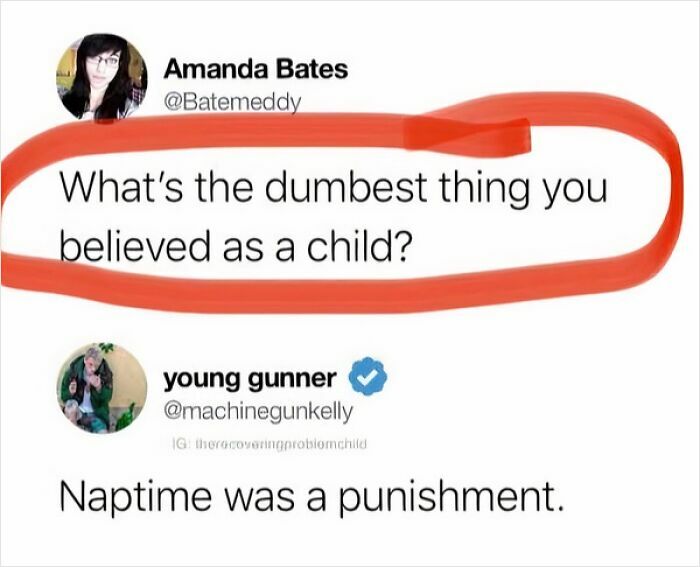 Tweet exchange humor about childhood belief that naptime was a punishment, featured in hilarious memes to decompress.