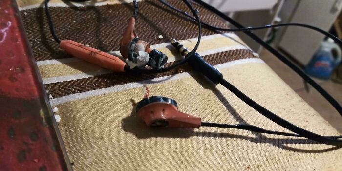 Damaged broken earphones with exposed wires on a fabric surface showing infuriating damage to borrowed items