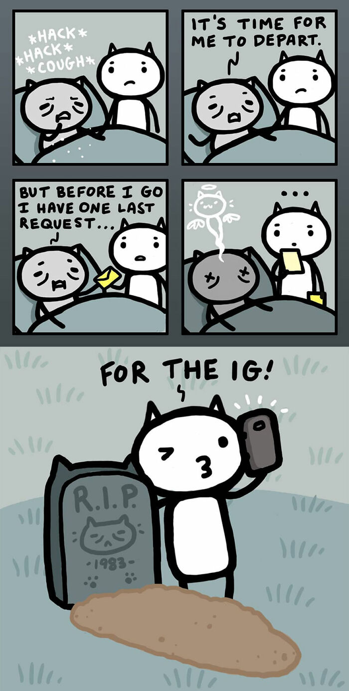 Comic by Kitty Moon showing funny and relatable life with cats with a cat taking a selfie at a grave.