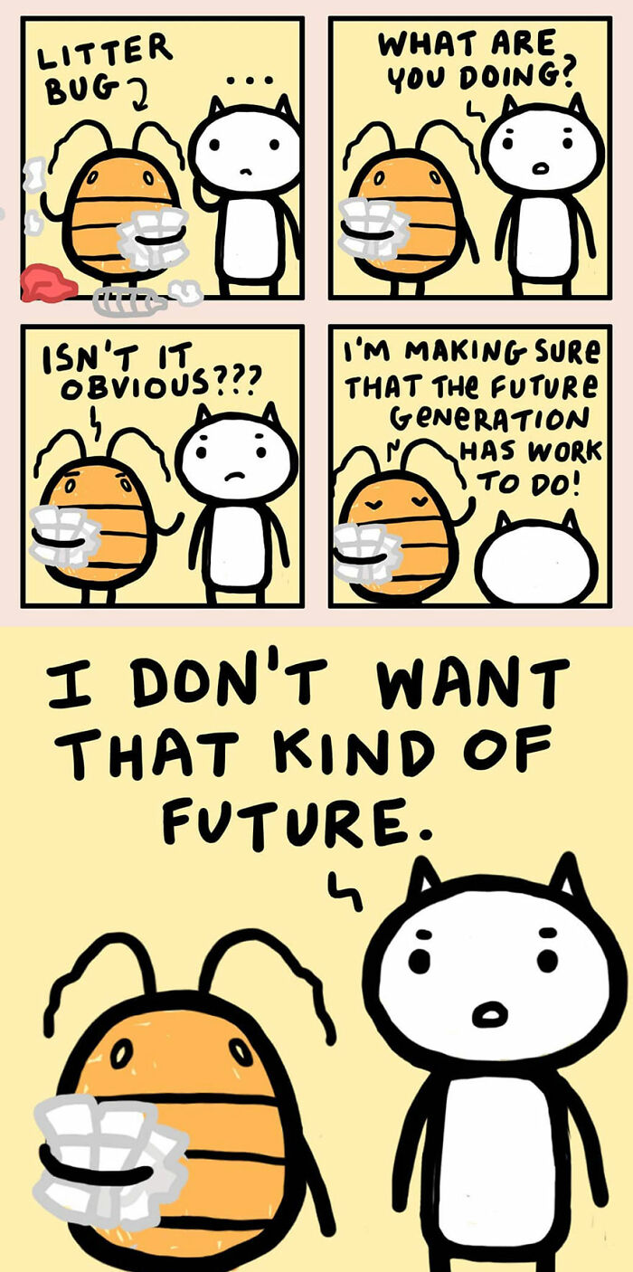 Comic by Kitty Moon showing a cat and a bug humorously discussing life with cats and chores.