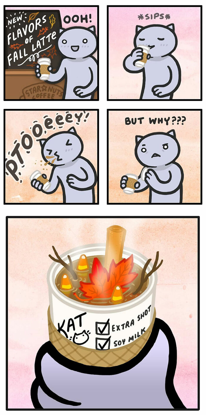 Comic by Kitty Moon shows a cat character trying fall latte flavors with funny relatable reactions.