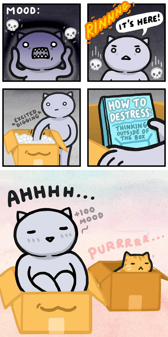 Funny and relatable comics by Kitty Moon showing cats and humans finding comfort in boxes to destress and improve mood.