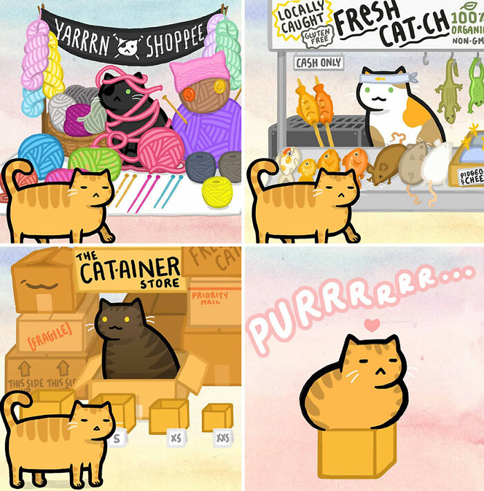 Four-panel comic featuring cats in humorous cat-related shops capturing funny and relatable life with cats moments.
