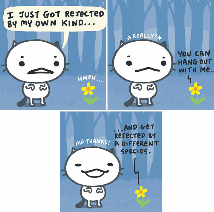 Funny and relatable comic by Kitty Moon showing a cat character rejected by its kind and a different species.