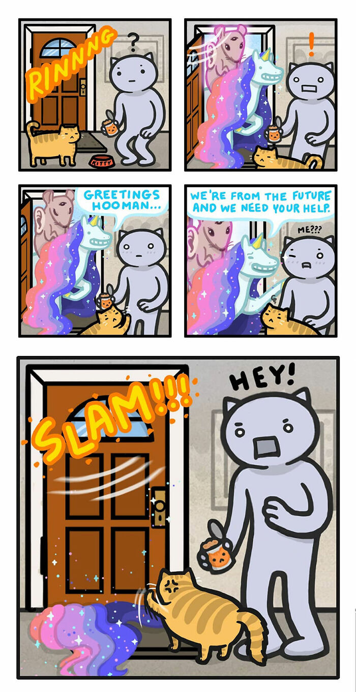 Comic by Kitty Moon showing a cat interacting with a surprised person and colorful imaginary creatures.