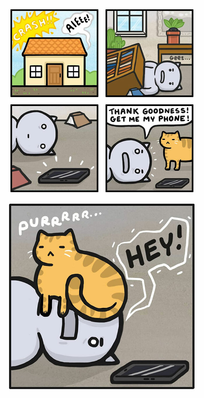 Funny and relatable comic by Kitty Moon showing life with cats, featuring a cat sitting on a person's head ignoring their phone request.