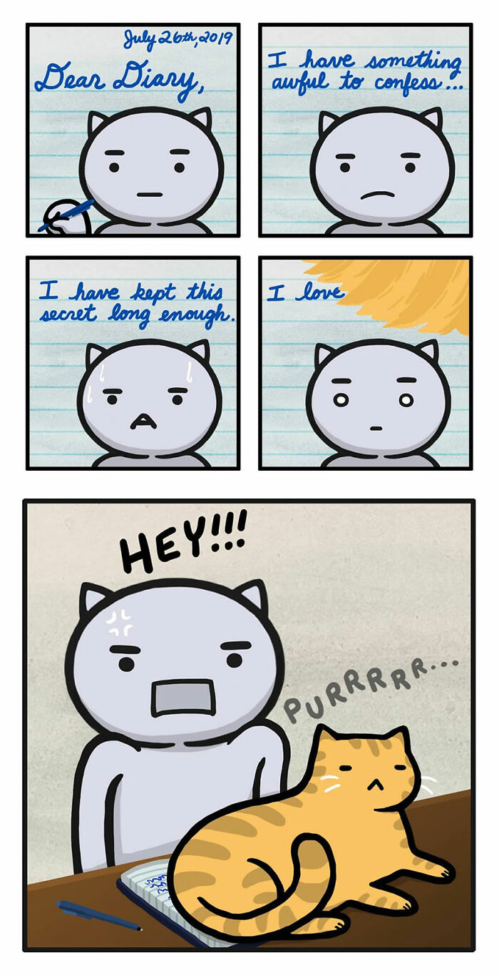 Funny and relatable comic by Kitty Moon showing a cat owner struggling to write with a cat sitting on the notebook.