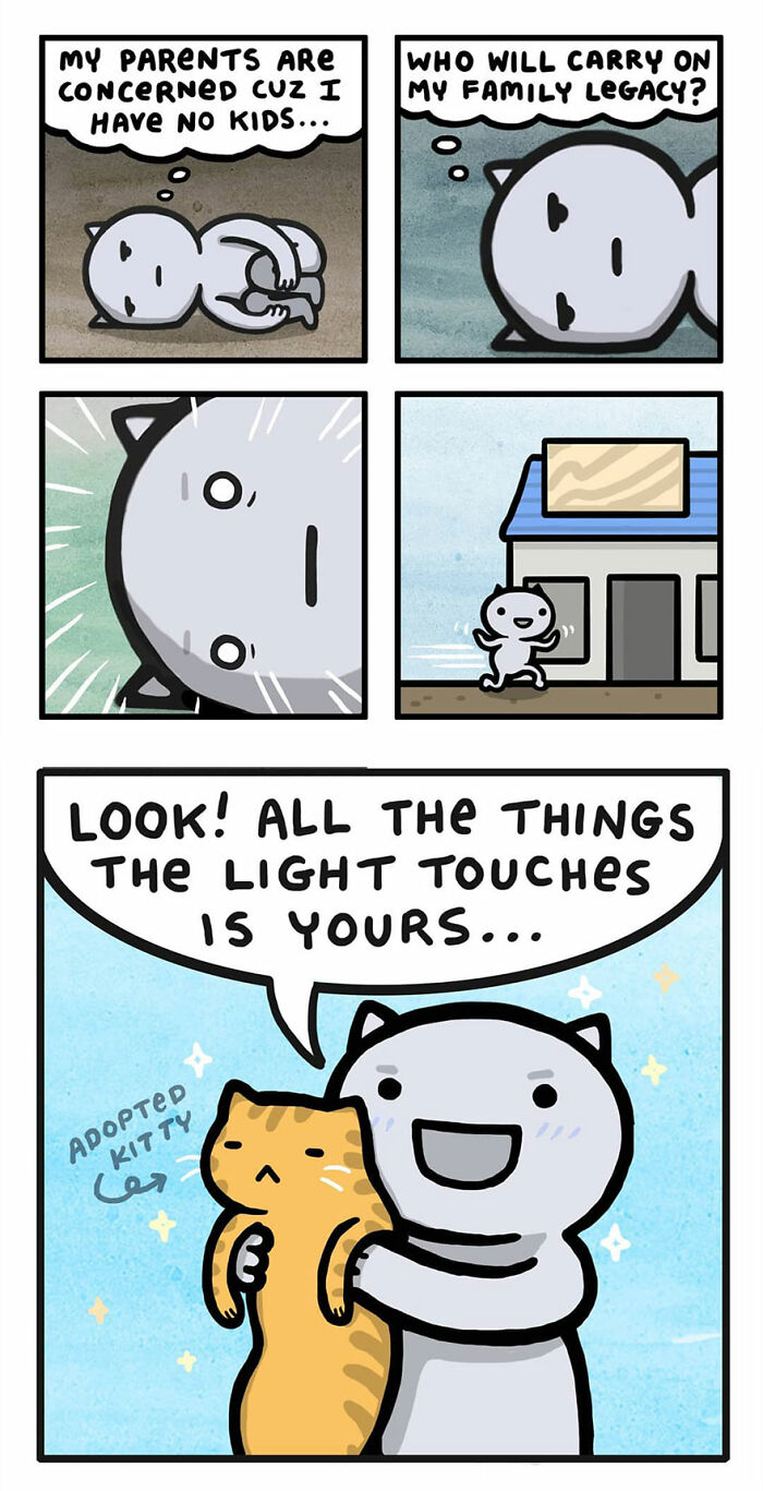 Comic panels showing funny and relatable moments capturing life with cats, featuring an adopted kitty and owner.