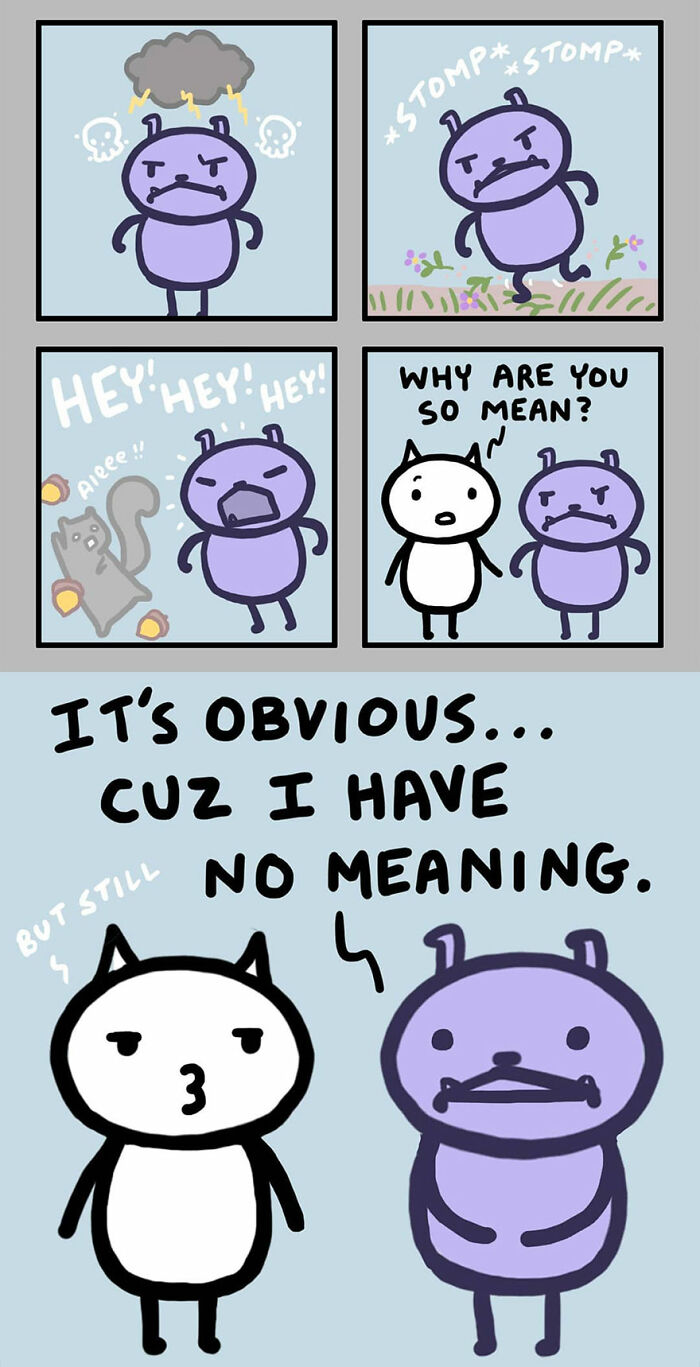 Funny and relatable comic panels by Kitty Moon showing cat and purple character in a humorous, expressive interaction.