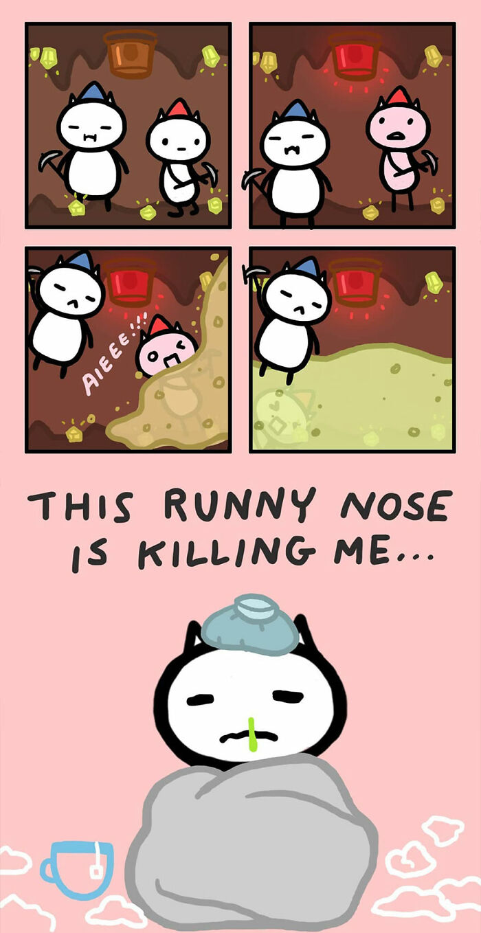 Comic by Kitty Moon showing relatable funny cats dealing with a runny nose and sneezing in a humorous way