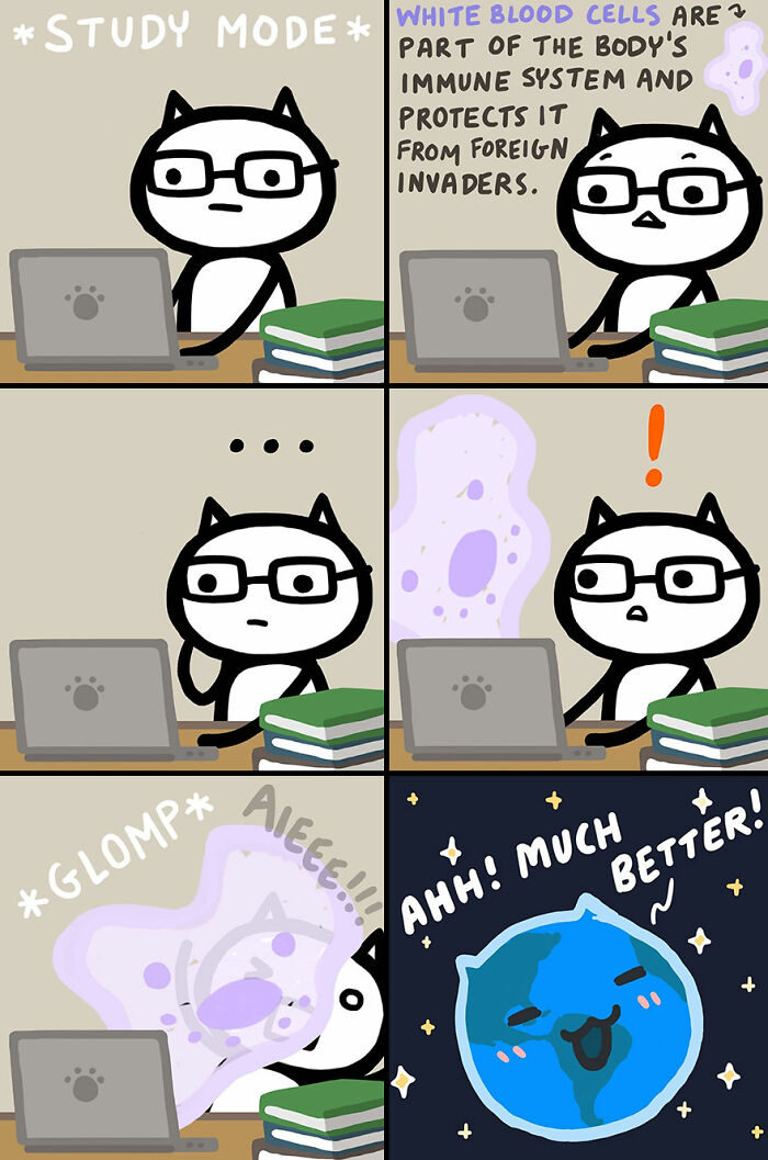 Cute cat comics by Kitty Moon showing a cat studying and humorously interacting with a white blood cell character.