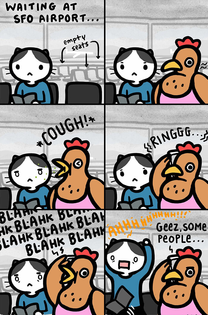 Comic panel showing a cat character frustrated with a loud, coughing chicken at an airport, from funny and relatable cat comics.