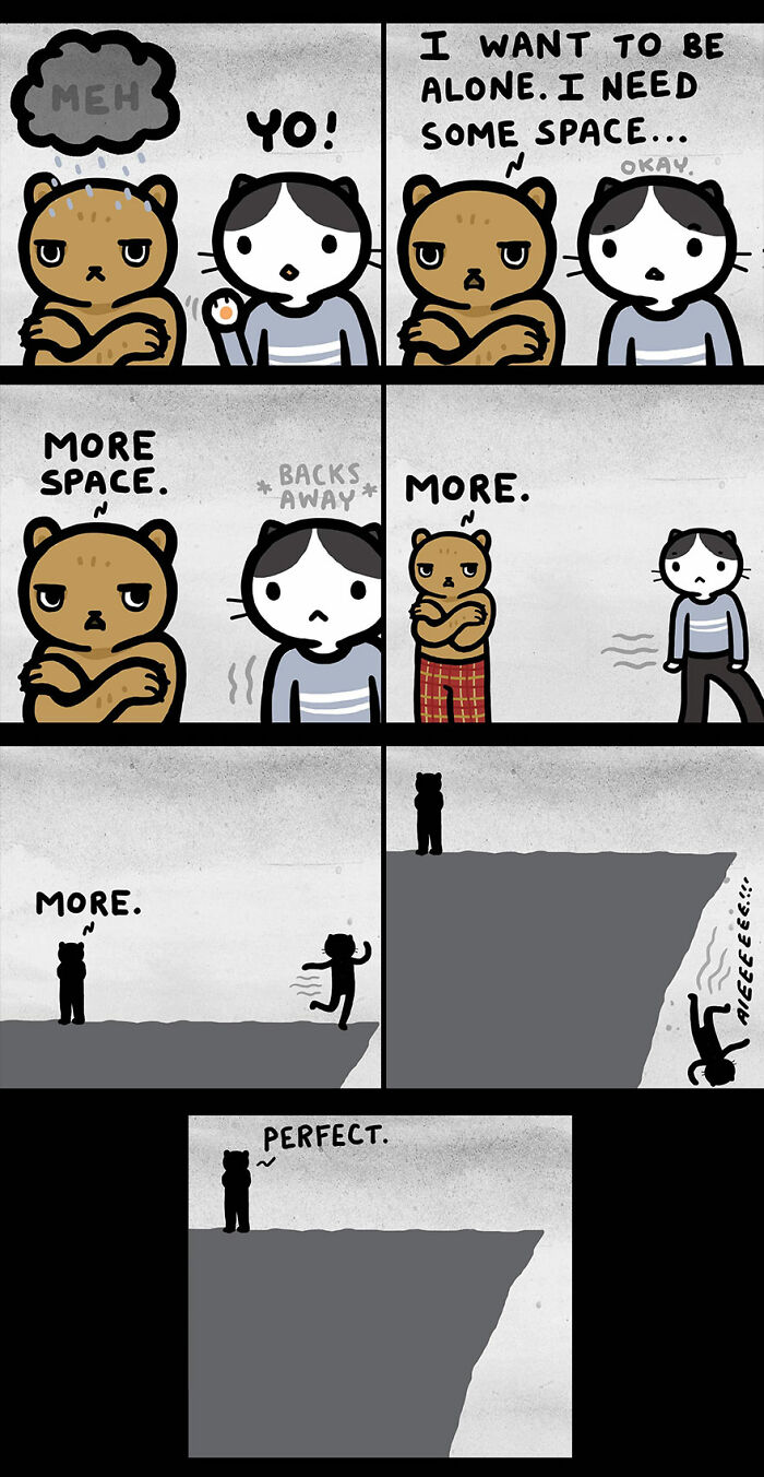 Comic by Kitty Moon showing a cat demanding more space until a person falls off a cliff, capturing life with cats humor.