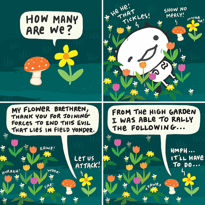 Funny and relatable comic panels by Kitty Moon featuring playful characters and flowers capturing life with cats humor.