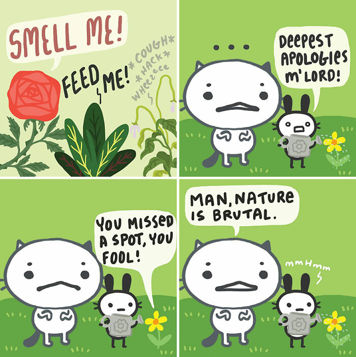 Funny and relatable comics by Kitty Moon showing a cat and bunny in humorous nature-themed scenes.