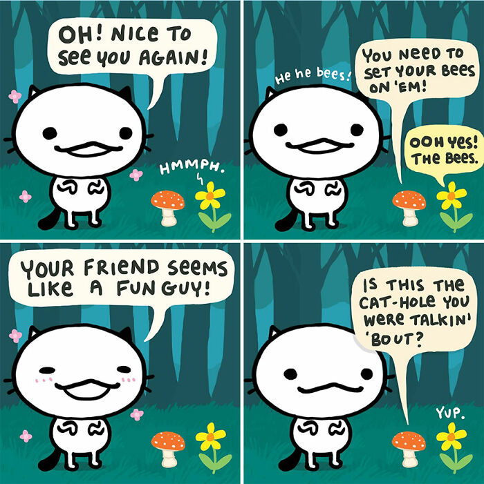 Comic by Kitty Moon featuring funny, relatable scenes capturing life with cats in a whimsical forest setting.