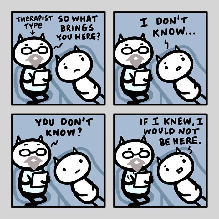 Four-panel comic by Kitty Moon depicting two cat characters in therapy discussing uncertainty and being unsure why they are there.