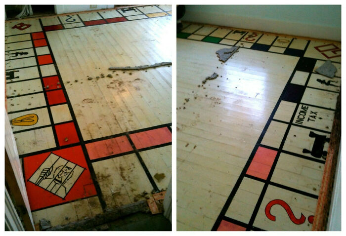 Old house floor painted with a hidden Monopoly board, showcasing cool things people have found buried and forgotten.