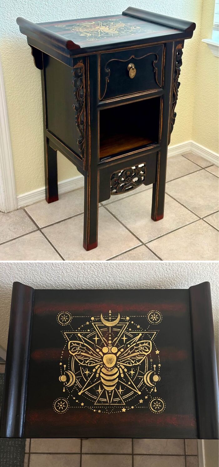 Black vintage wooden side table with gold bee and geometric design on top, a unique thrifted find for museum-worthy collections.
