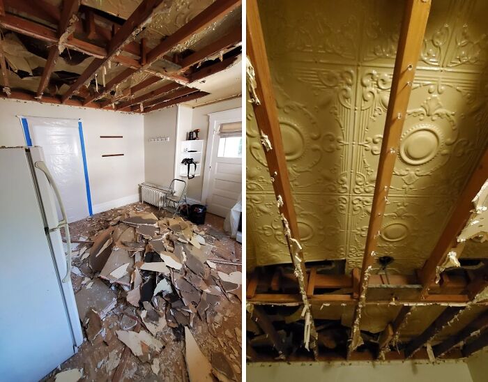 Exposed vintage pressed tin ceiling revealed after ceiling demolition in old house renovation discovery.