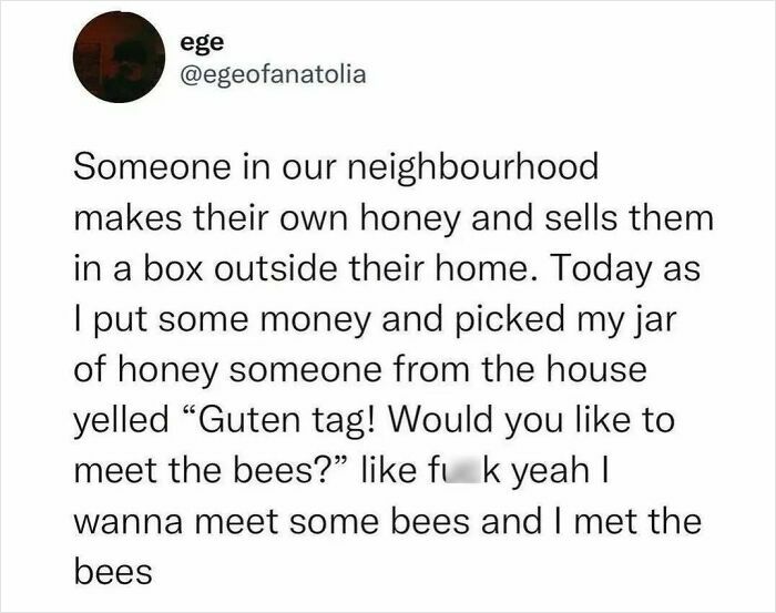 A wholesome social media post about a neighbor selling homemade honey and inviting to meet the bees nearby.