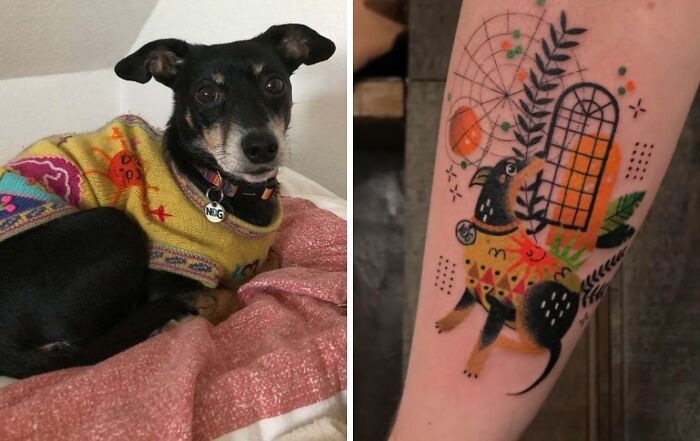 Small black dog lying on pink blanket next to a colorful abstract dog tattoo showing tattoo expectations vs reality.