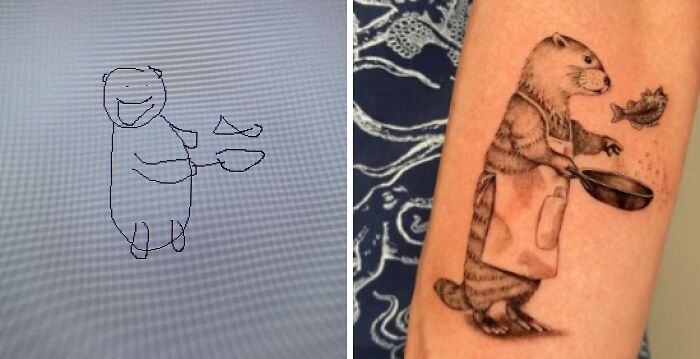 Tattoo expectations versus reality showing a simple drawing next to a detailed otter cooking tattoo on forearm.