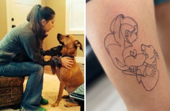 Woman kneeling and hugging her dog on the left, and a minimalist tattoo of the same scene on the right, showing tattoo expectations vs reality.