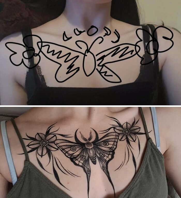 Tattoo expectations vs reality showing a rough butterfly sketch above and a detailed butterfly tattoo with flowers below on chest.