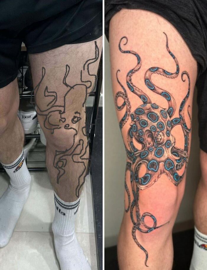 Side-by-side tattoo expectations vs reality showing an outlined octopus vs a detailed colorful octopus tattoo on a leg.