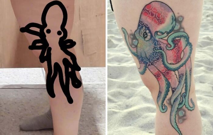 Side-by-side comparison of tattoo expectations vs reality showing a simple drawing and a colorful octopus tattoo on a leg.