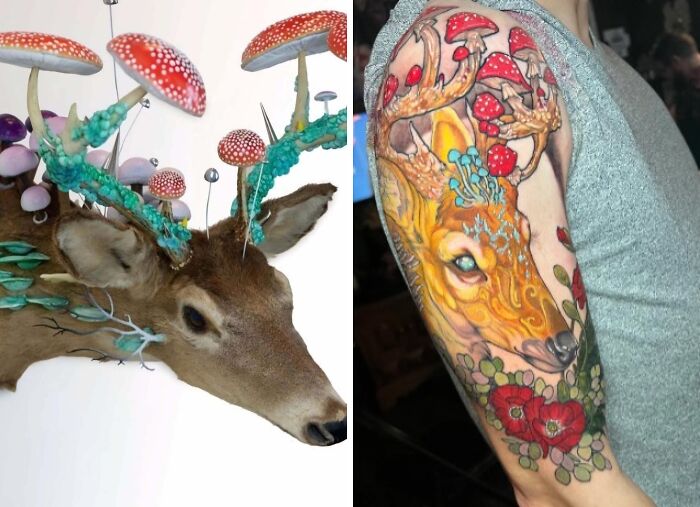 Side-by-side image showing a deer with mushroom antlers and a colorful tattoo of the same design on a person's arm, illustrating tattoo expectations vs reality.