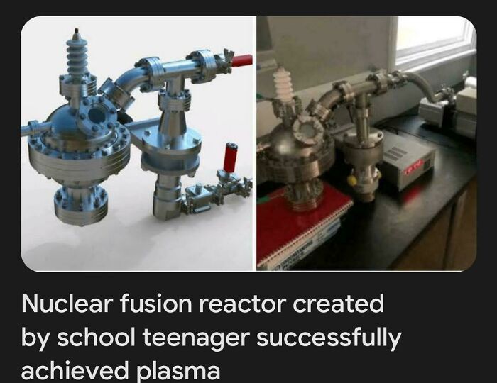Complex homemade nuclear fusion reactor made by a teenager, sparking curiosity and confusion in a funny pic.