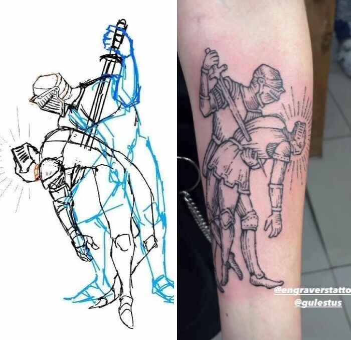 Side-by-side comparison of tattoo expectation sketch and final reality of a knight stabbing another knight on forearm.