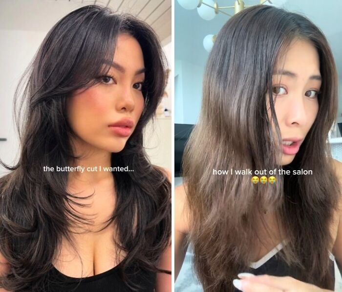 Side-by-side comparison of hair fails showing the difference between desired butterfly cut and disappointing salon results.