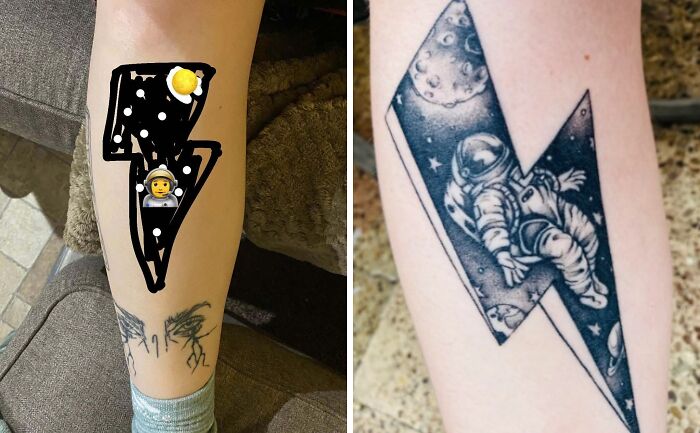 Side-by-side images showing tattoo expectations versus reality with space-themed lightning bolt designs on forearms.