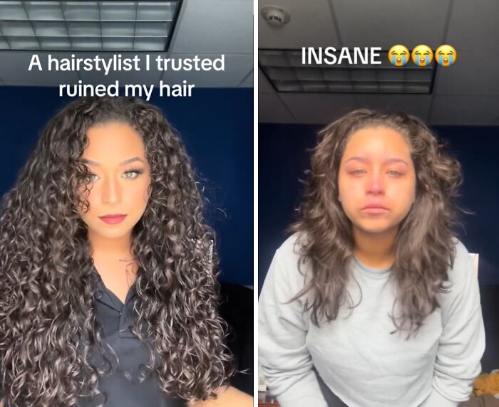 Before and after hair fail showing curly hair ruined by stylist, illustrating common hair fails people experienced.