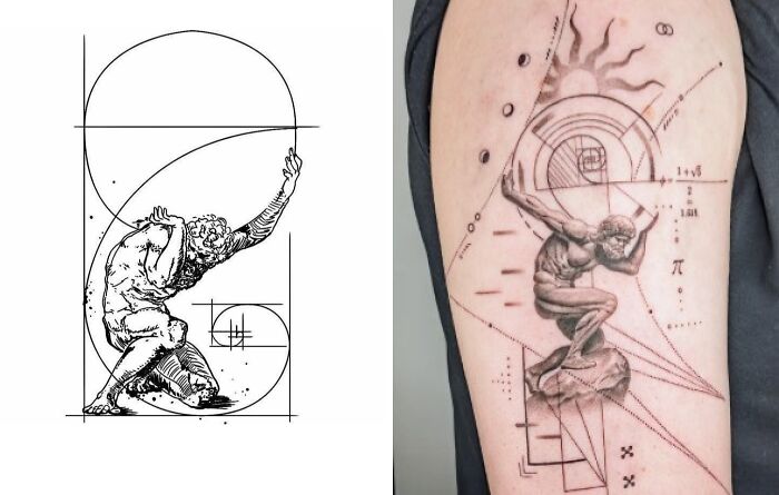Tattoo expectations versus reality showing a detailed design sketch next to the actual geometric and classical style tattoo.
