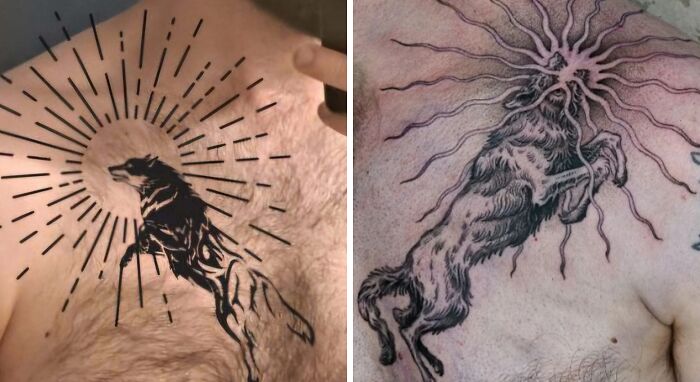 Side-by-side comparison of a wolf tattoo showing expectations versus reality with different artistic styles and details.