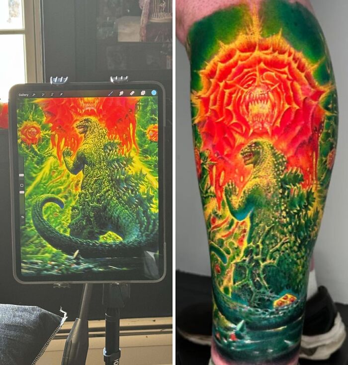 Tablet displaying dinosaur tattoo design next to a colorful tattoo on a leg showing expectations vs reality.