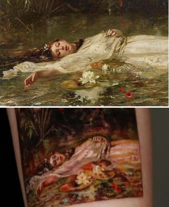 Painting of woman floating in water versus tattoo interpretation, illustrating tattoo expectations vs reality with notable differences.